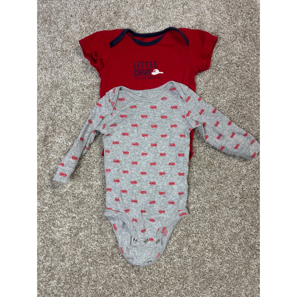 Carters Baby Boy Bodysuit Set 6M Red Little Chief Gray Fire Truck 2 Pack
